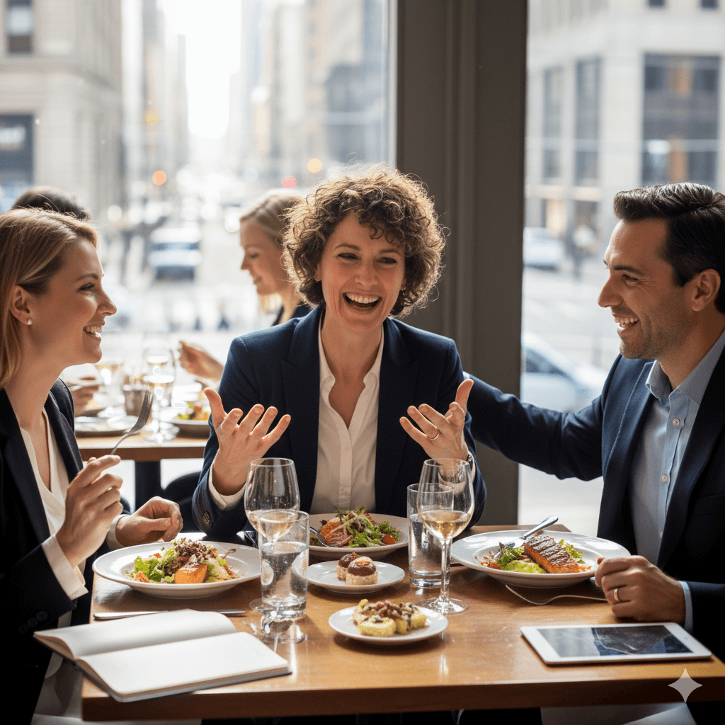 Professionals enjoying a casual lunch together, building genuine connections