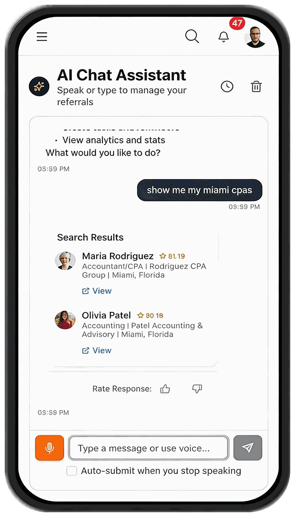 ReferralPulse voice assistant on iPhone