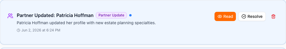 A Partner Update alert with a purple Partner Update badge and a green Updated badge, showing that your assistant already applied the partner's changes to your record.