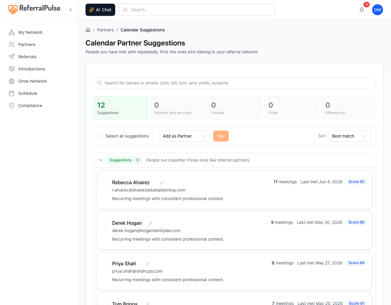 The Calendar Partner Suggestions page listing people you have met with repeatedly, each with a meeting count, last-met date, and an Add as Partner control.