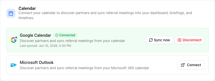 The Calendar section on the Settings, Integrations tab. The connected Google Calendar shows a green Connected badge with Sync now and Disconnect buttons; the Microsoft Outlook row has a Connect button.