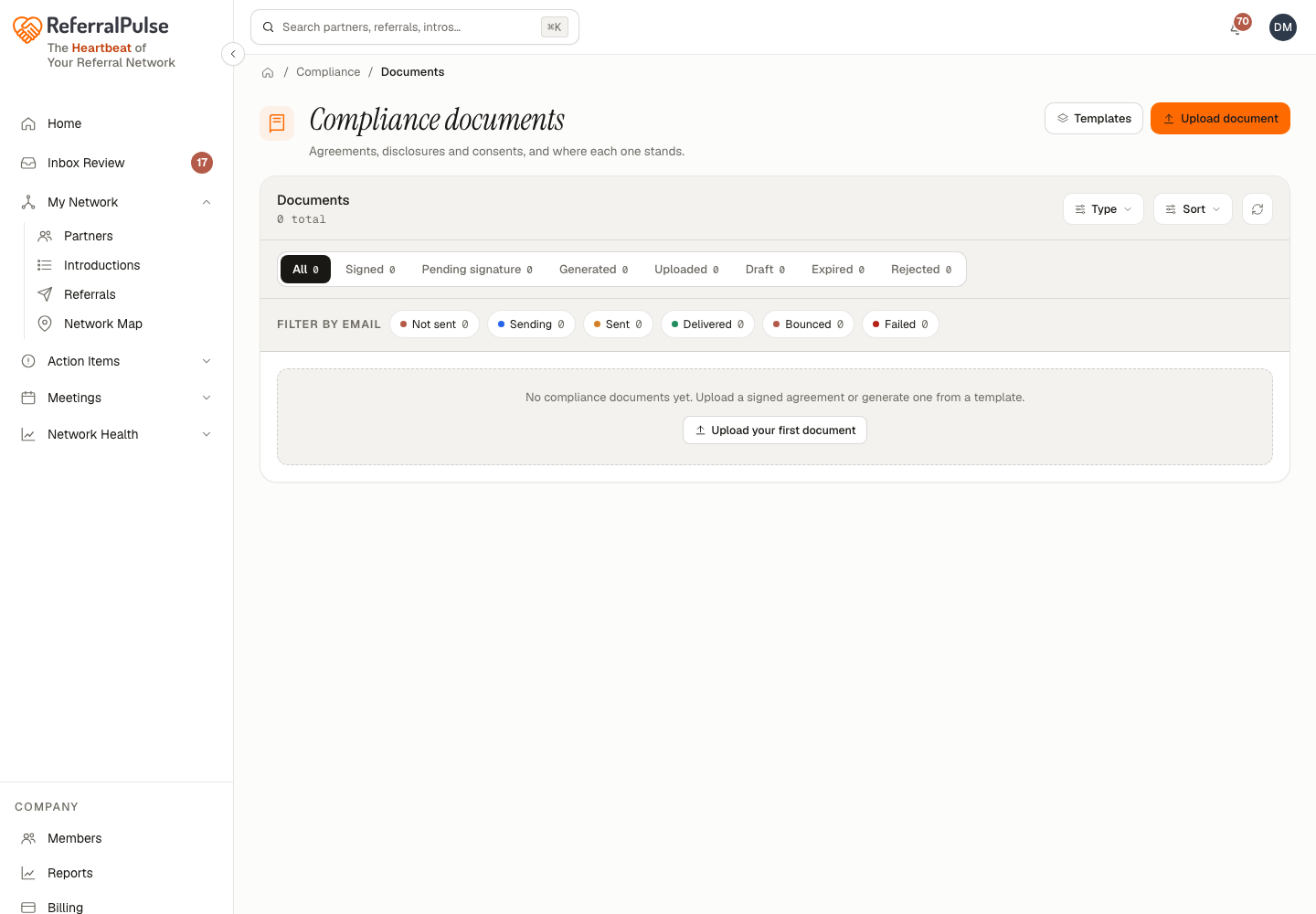The Documents page, filterable by type, listing agreements, disclosures and consents with their status.
