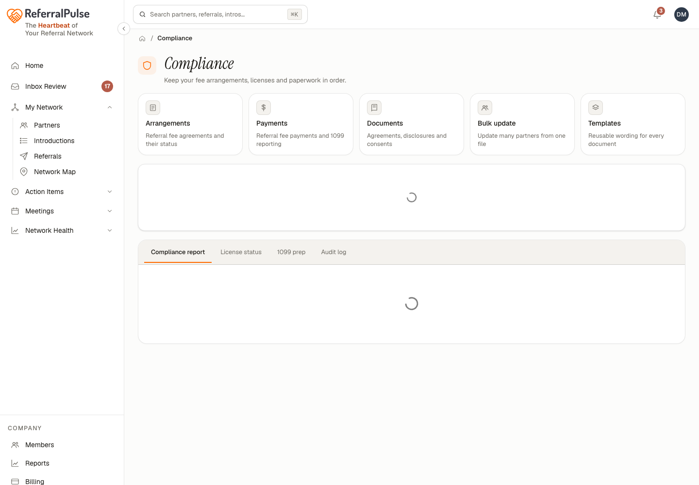 The Compliance page. The five working cards across the top, the Compliance Alerts card below them, and the compliance report with its score and grade underneath.