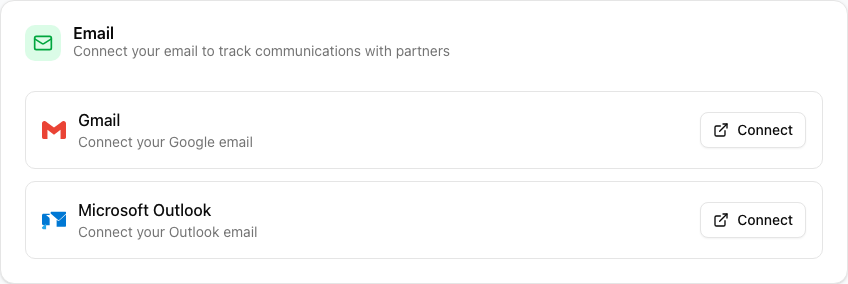 The Email section under Settings, Integrations, showing the Gmail and Microsoft Outlook rows, each with its own Connect button.