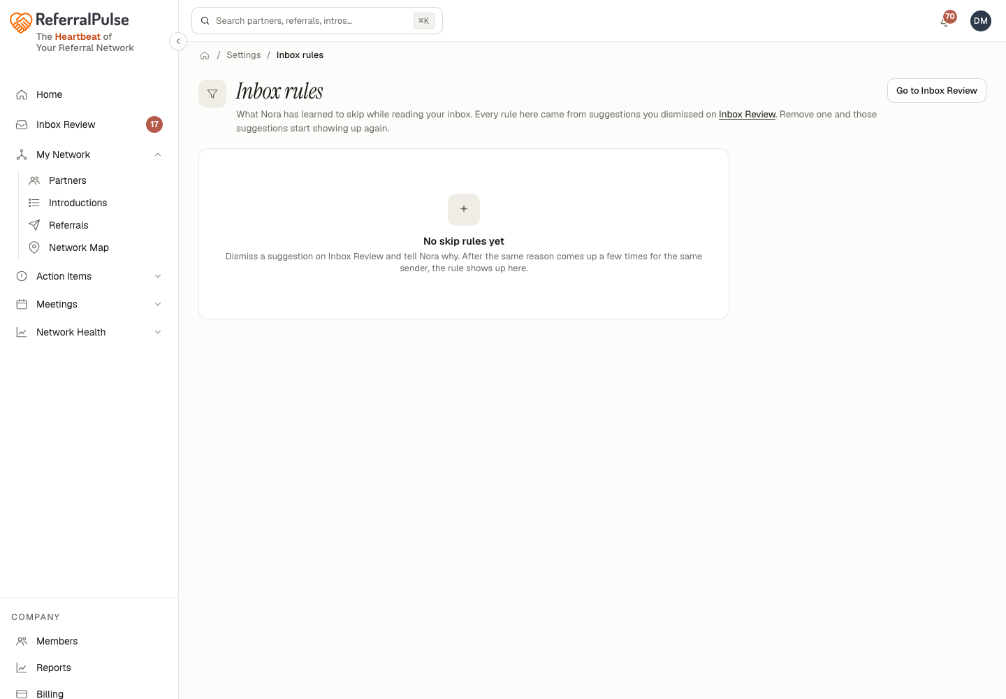 The Inbox rules page. Each rule is listed with a chip saying whether it was learned from your dismissals or added by you, and a way to remove it.