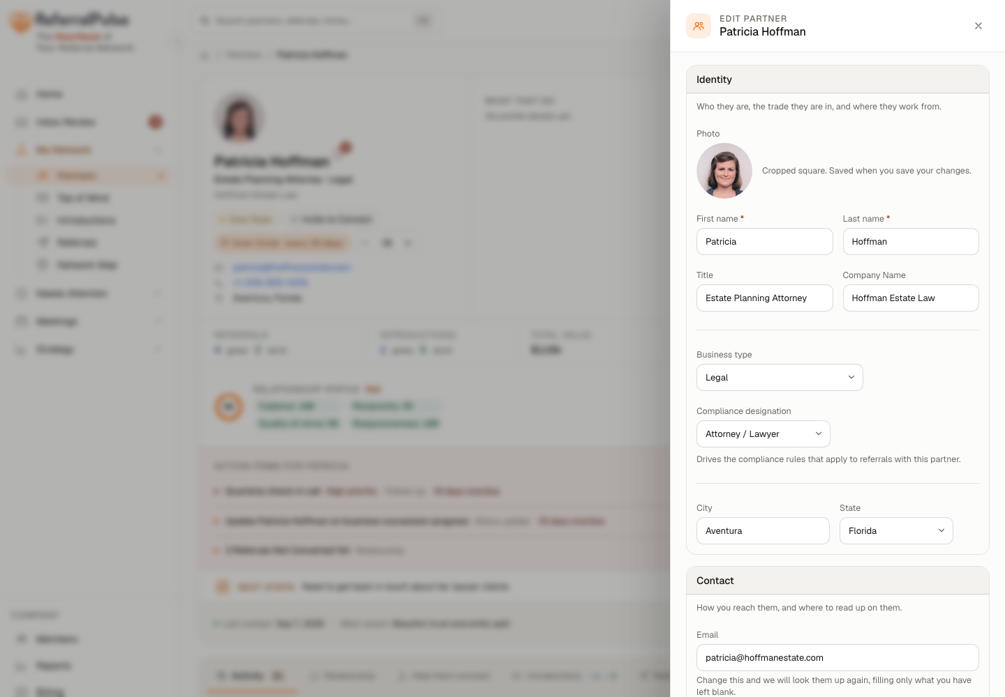 The Edit details drawer open beside the page, with its sections for identity, contact, what they do, partners they want to meet, affiliations, your relationship, how you introduce them and your private notes.