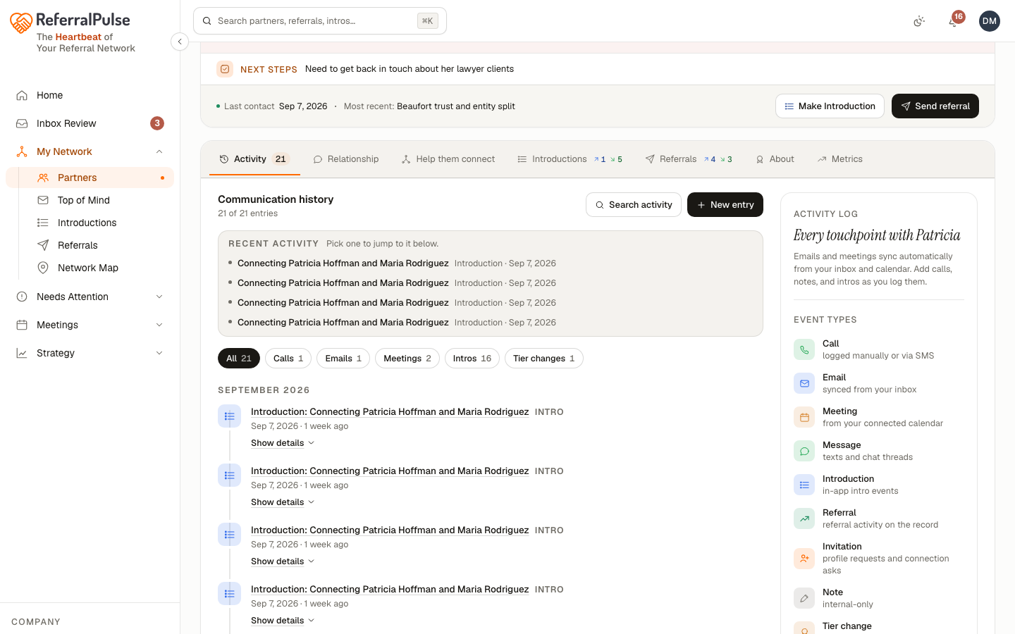 The tab strip, running Activity, Relationship, Help them connect, Introductions, Referrals, About and Metrics.