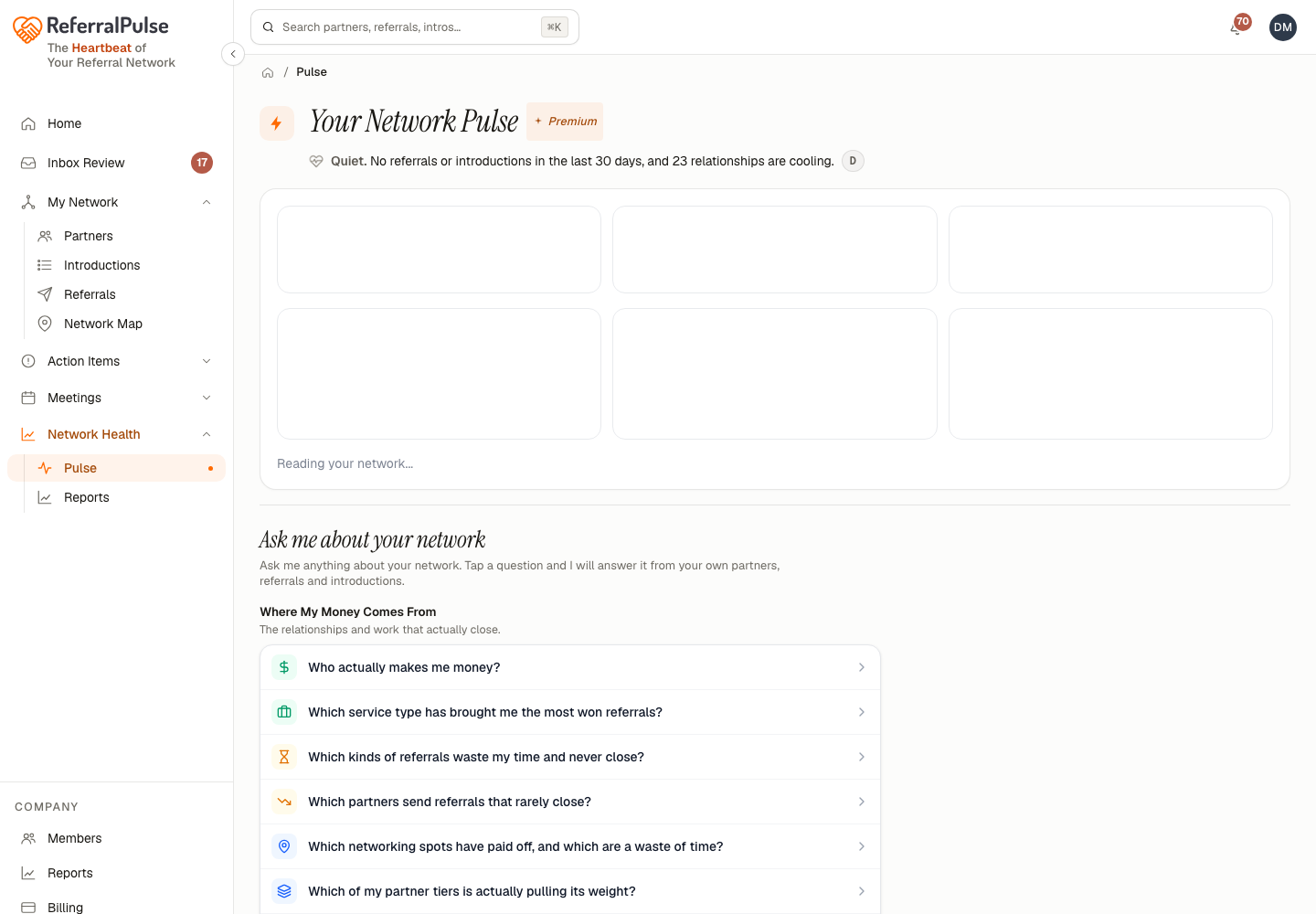 The Your Network Pulse page. The reading sits under the title, three stat tiles run across the page, and the first section of ranked cards is below them.