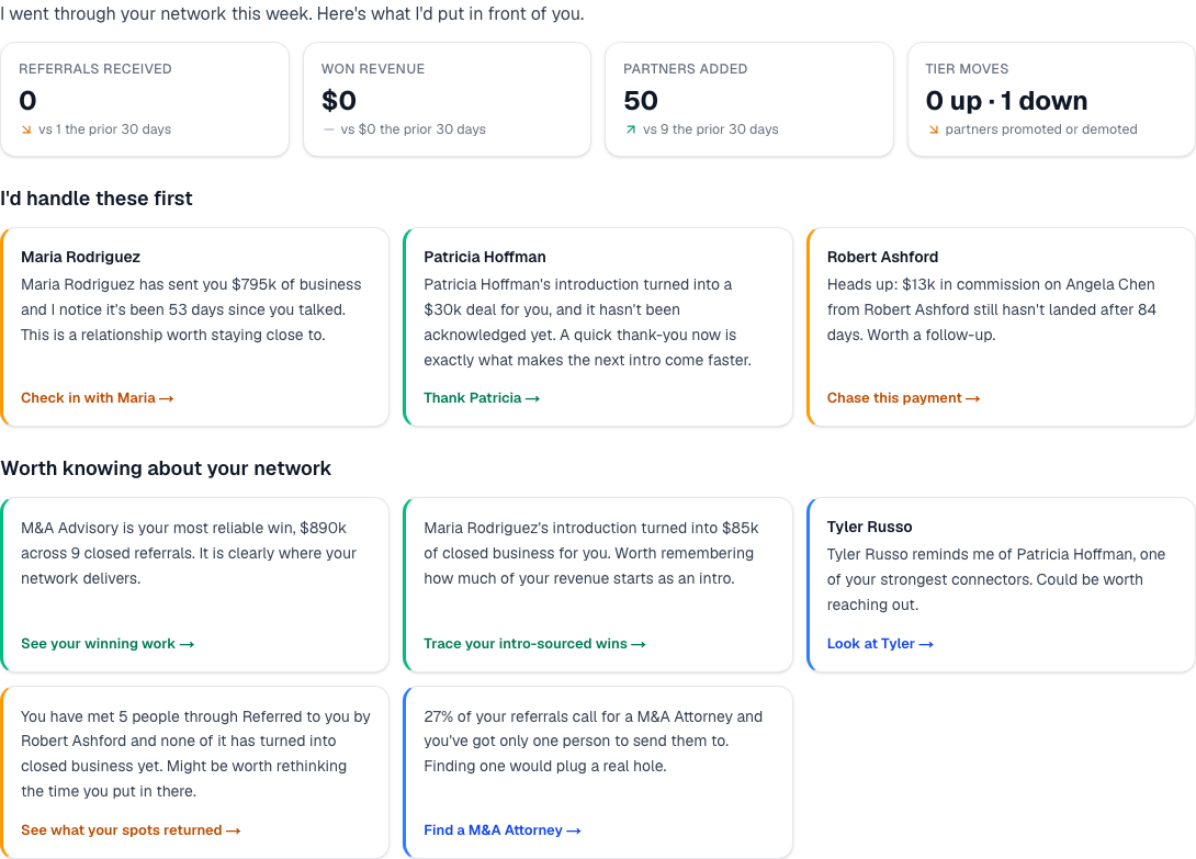 The four Pulse sections, in order: I'd handle these first, One move I'd make to grow your network, A personal touch goes a long way, and Worth knowing about your network.