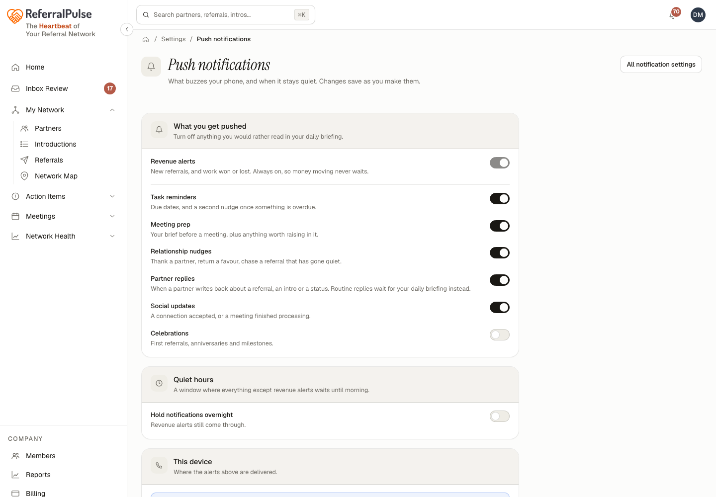The Push notifications page. Revenue alerts sit locked on at the top of the What you get pushed card, with the rest of the categories as toggles below.