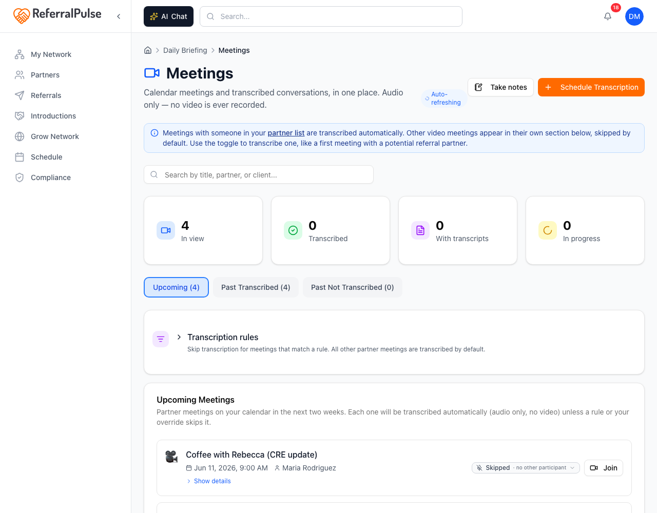 The Meetings page with the four stat tiles, the Upcoming, Past Transcribed, and Past Not Transcribed tabs, the Transcription rules accordion, and the list of upcoming meetings below.