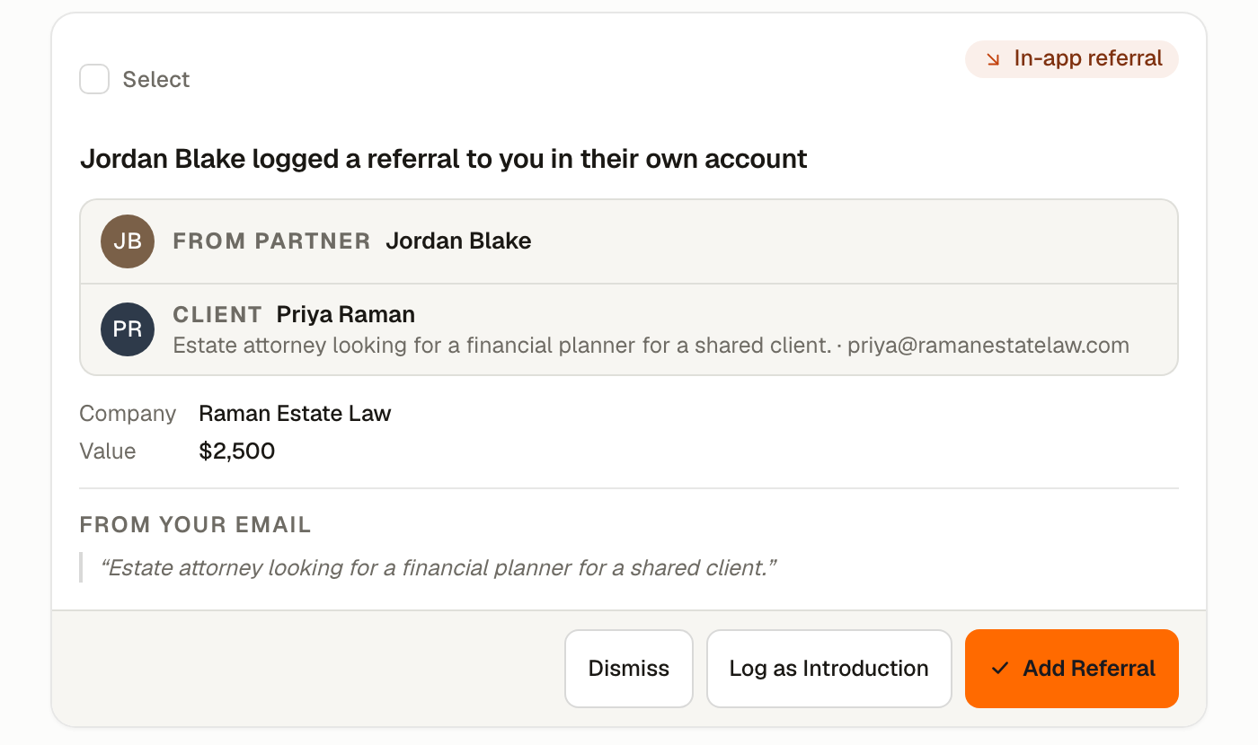 An In-app referral card, showing the partner who logged the referral in their own account, with the option to log it as an introduction instead.