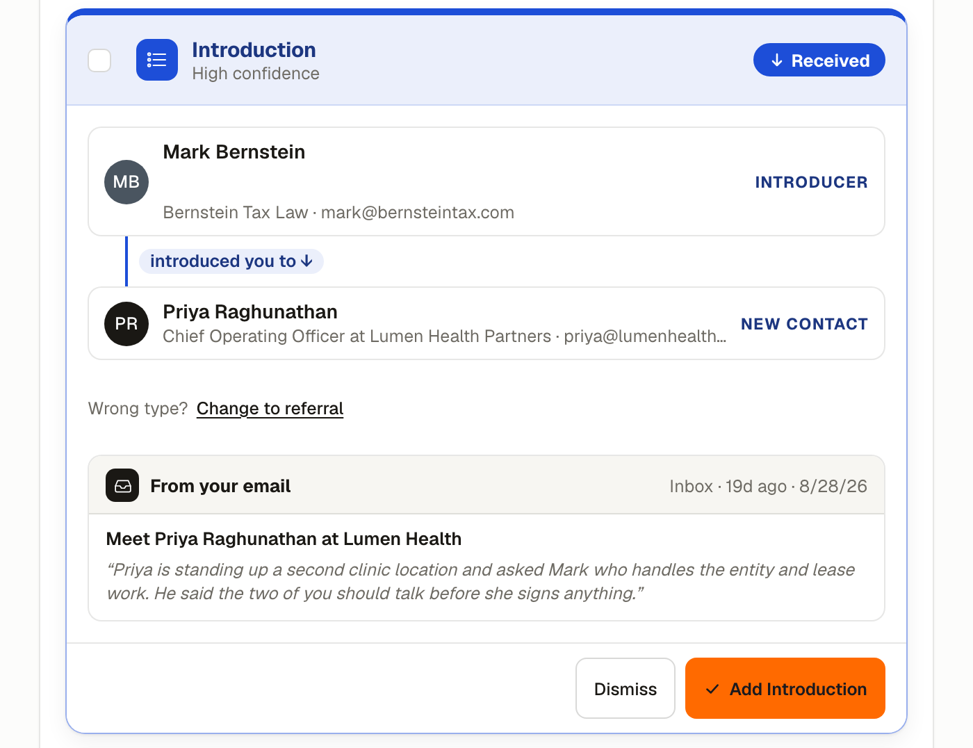 An Introduction received card, showing who introduced you and to whom, with the source email underneath.