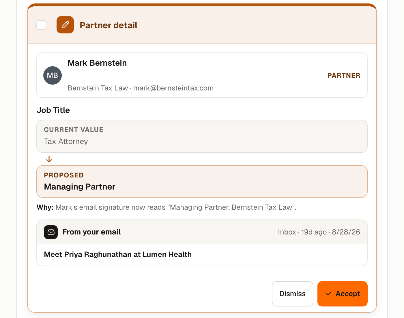 A Partner detail card, showing the field, the proposed new value, and whether accepting fills a blank or replaces something already on file.