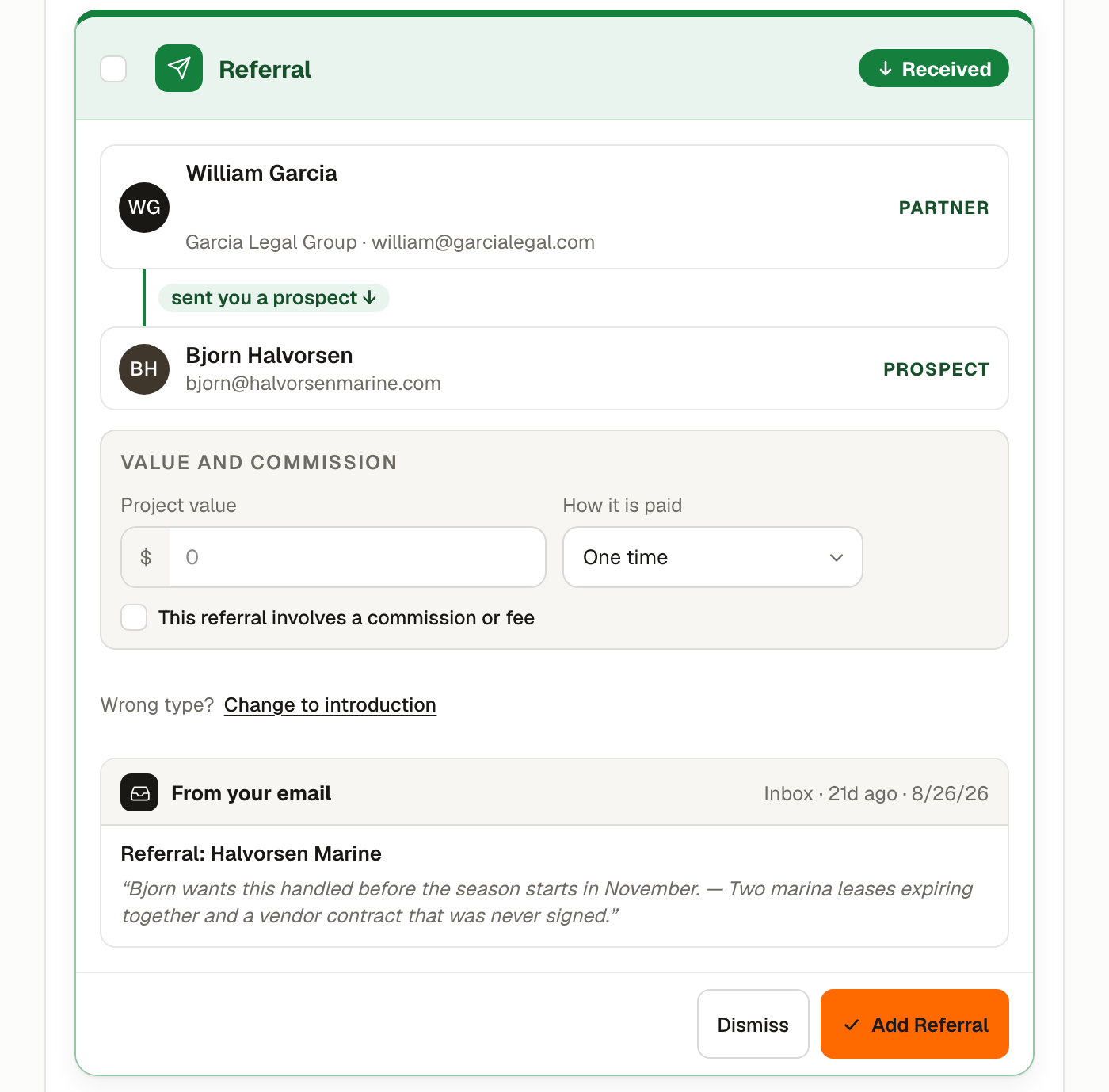 A Referral received card, showing the partner who sent it, the prospect, the value, the Mark as Introduction or Referral toggle, and the quoted source email.