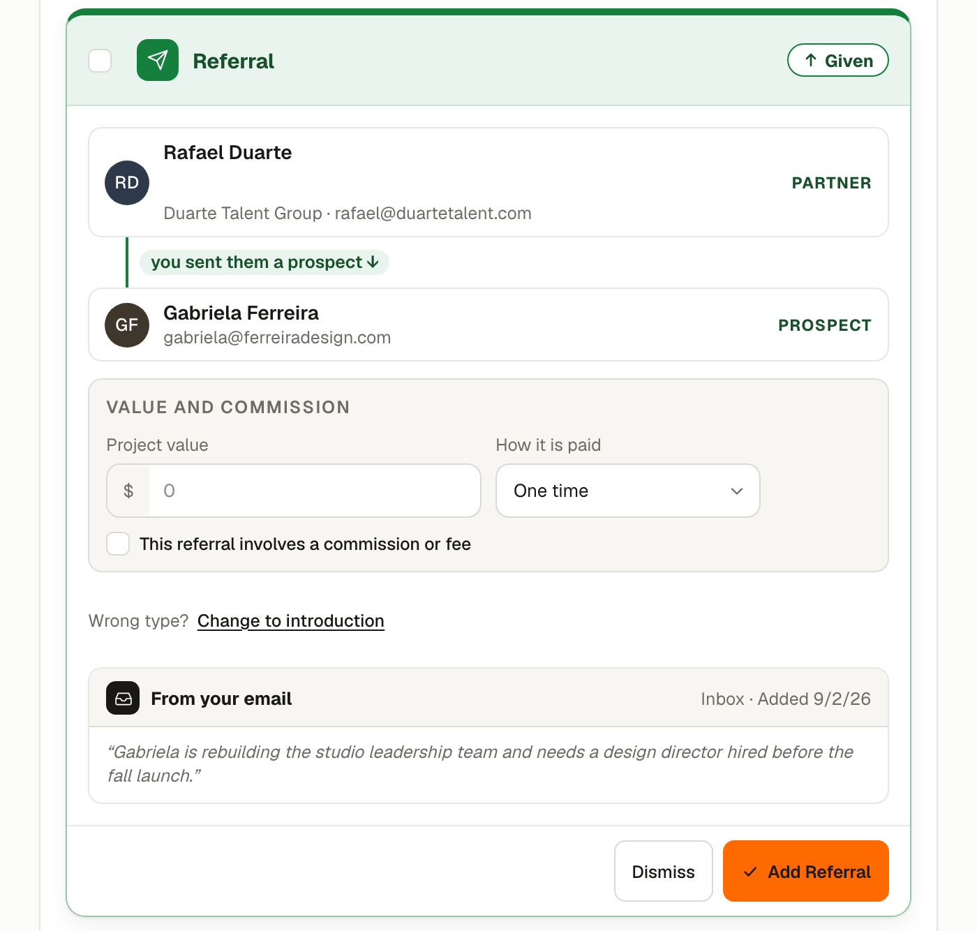 A Referral sent card, showing the partner you sent the referral to, the prospect, and the value your assistant read off the email.