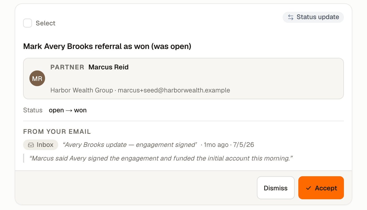 A Status update card, showing the referral and the proposed move from its current status to the new one.