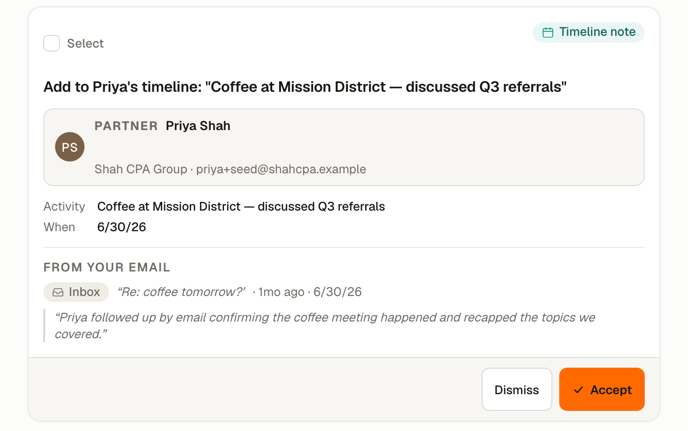A Timeline note card, showing the personal detail your assistant picked out of an email and the partner it would be added to.