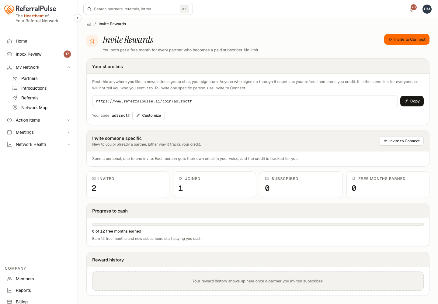 The Invite Rewards page, with your share link at the top, the invite-someone-specific card beside it, and the Invited, Joined, Subscribed and Free months earned figures below.