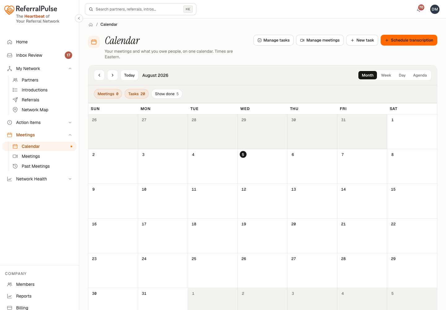 Month view. The whole month as a grid, with meetings and tasks marked on each day.